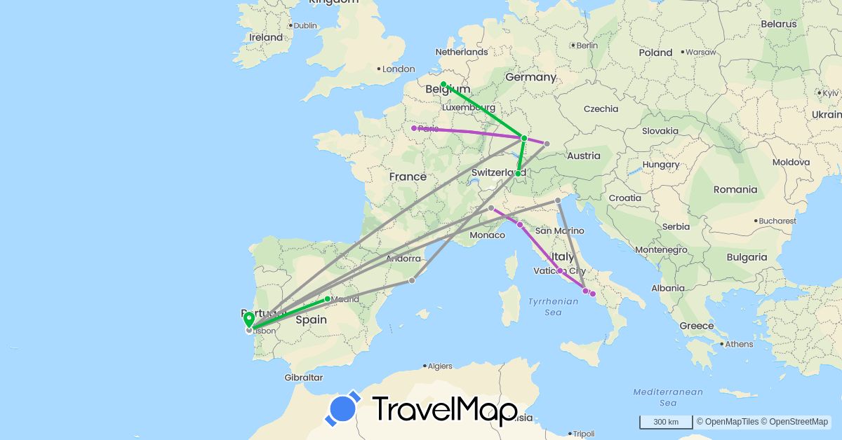 TravelMap itinerary: driving, bus, plane, train in Belgium, Switzerland, Germany, Spain, France, Italy, Portugal (Europe)